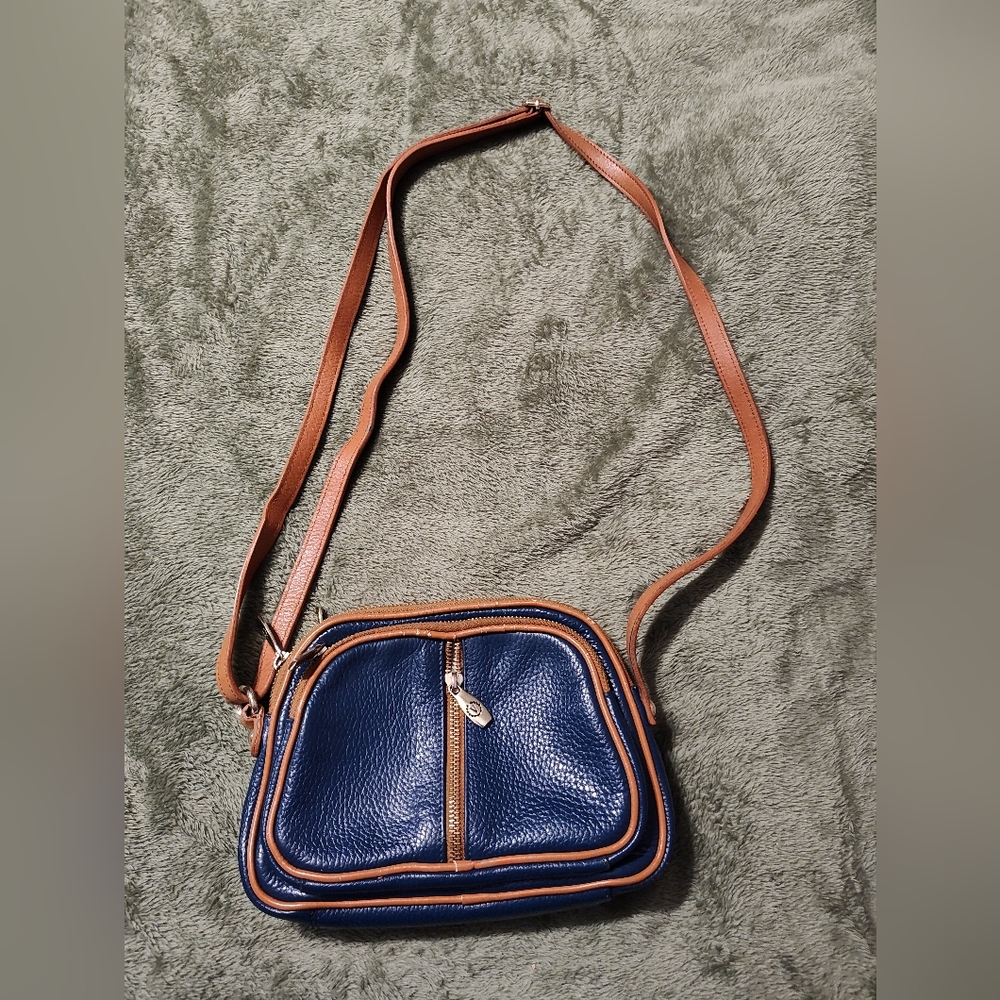 Valentina Blue and Brown Crossbody Bag with Pebbled Finish